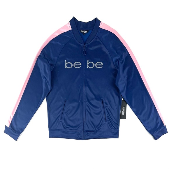 Bebe Sport Tricot Crystal Logo Navy Striped Track Jacket - Picture 5 of 13